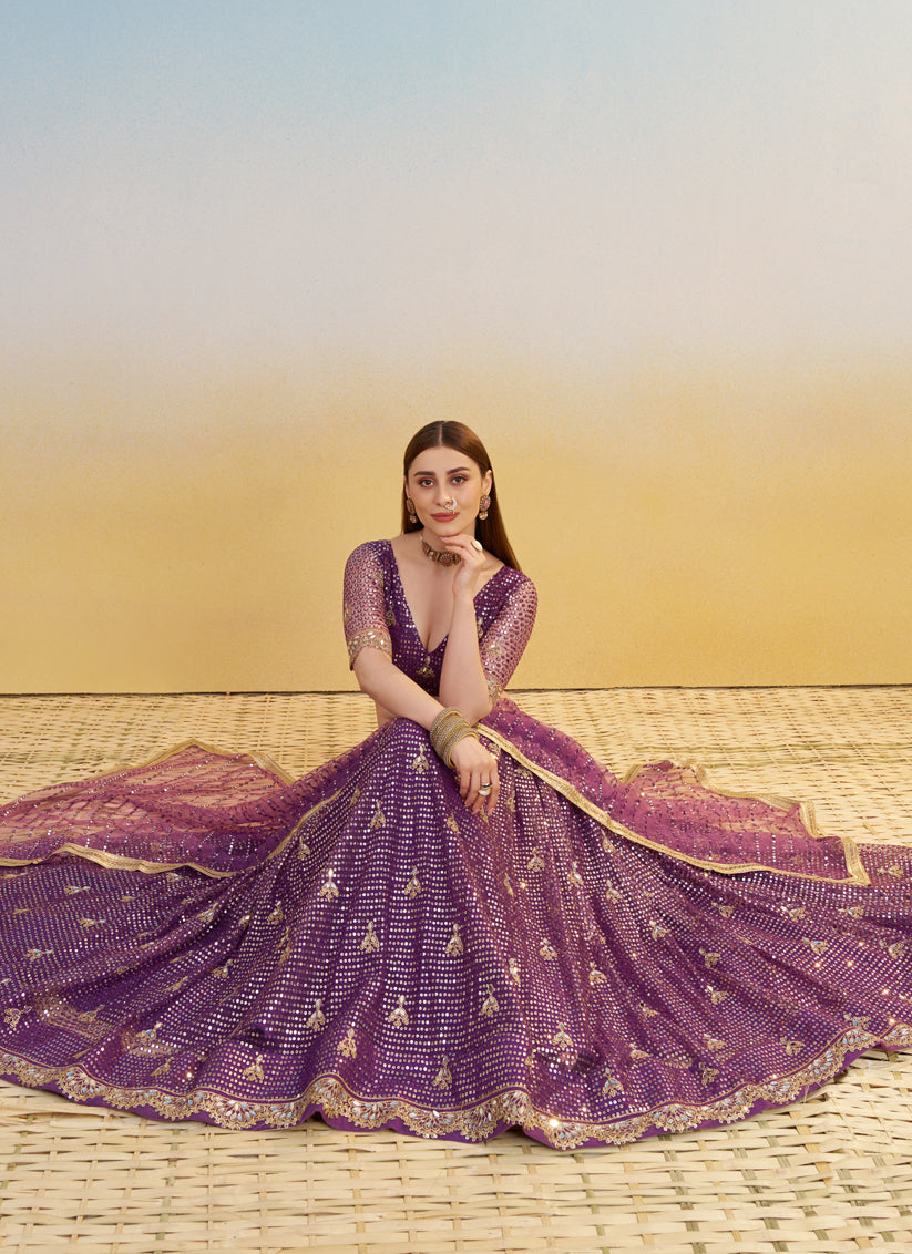 Wine Net Designer Embroidered Lehenga Choli Set