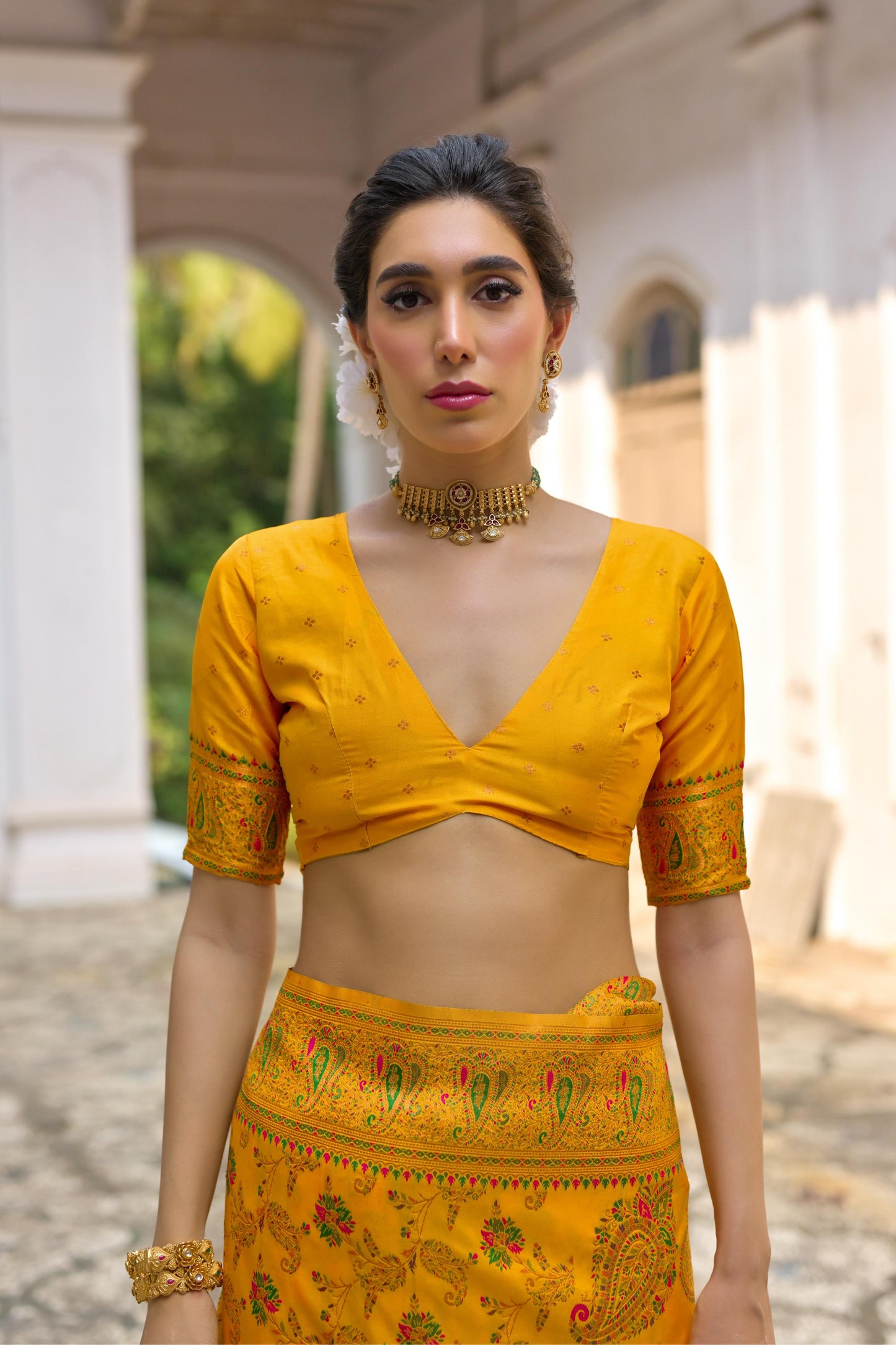 Yellow Pashmina Silk Designer Saree for Functions