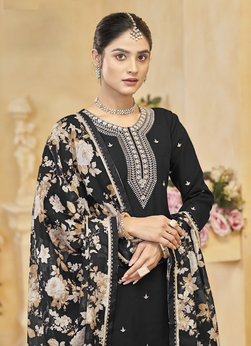 Black Roman Silk Embroidered Readymade Palazzo Suit