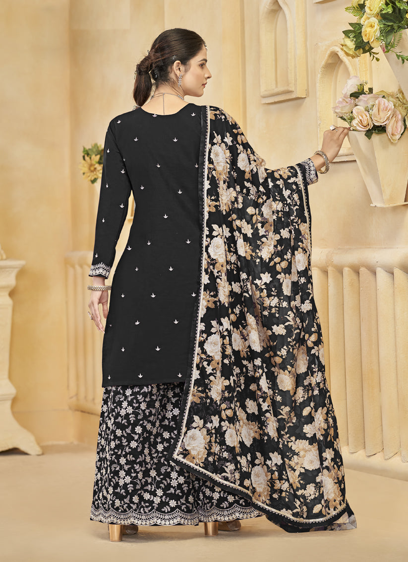 Black Roman Silk Embroidered Readymade Palazzo Suit