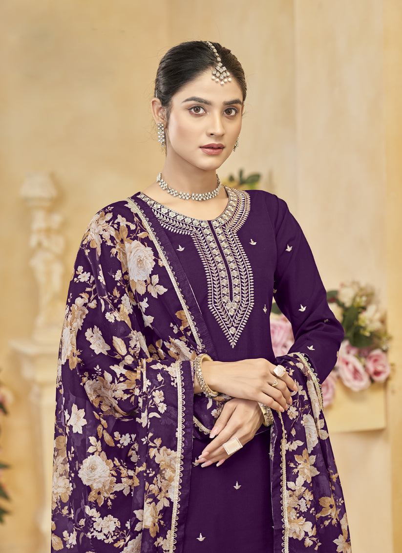 Purple Roman Silk Embroidered Readymade Palazzo Suit