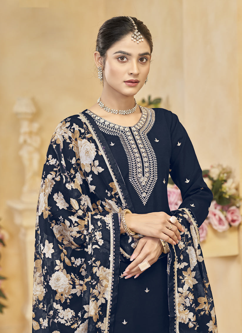 Midnight Blue Roman Silk Embroidered Readymade Palazzo Suit