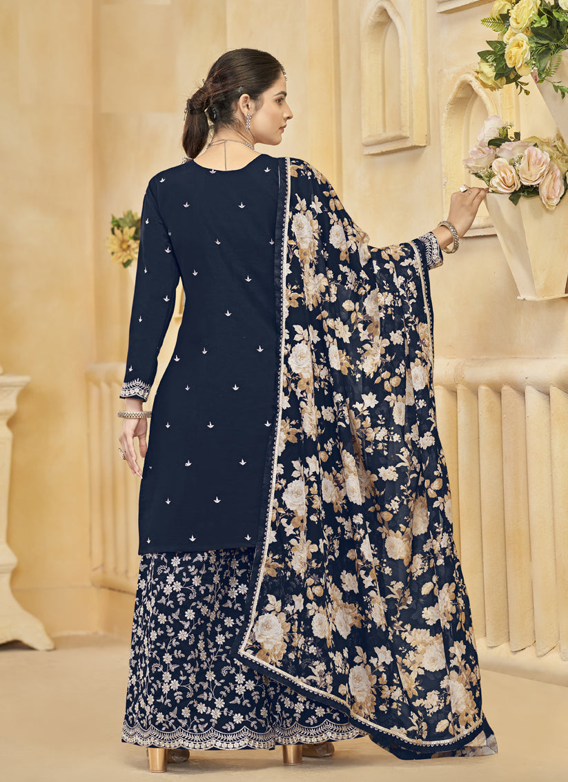 Midnight Blue Roman Silk Embroidered Readymade Palazzo Suit