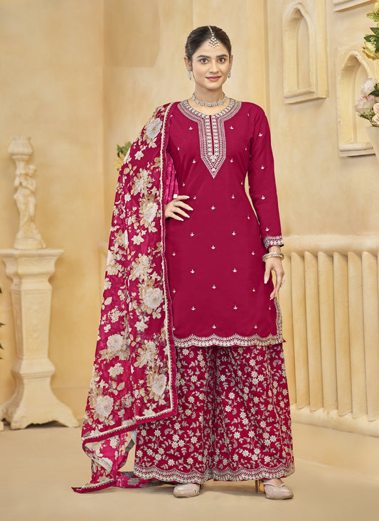 Pink Roman Silk Embroidered Readymade Palazzo Suit