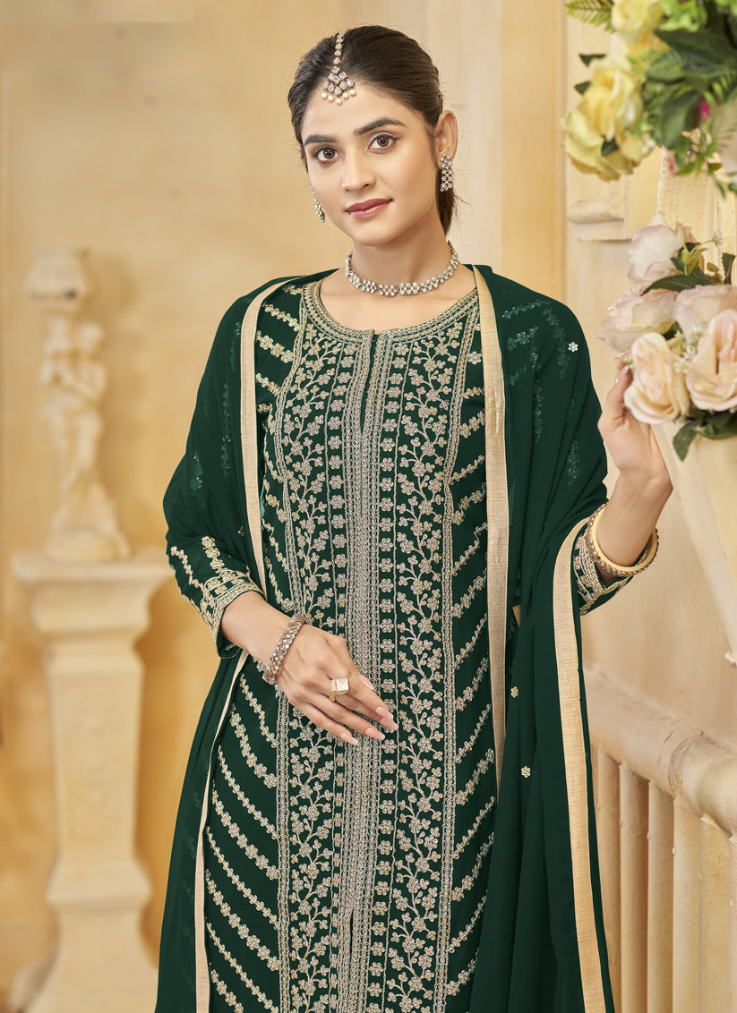Pine Green Faux Georgette Embroidered Readymade Sarara Kameez