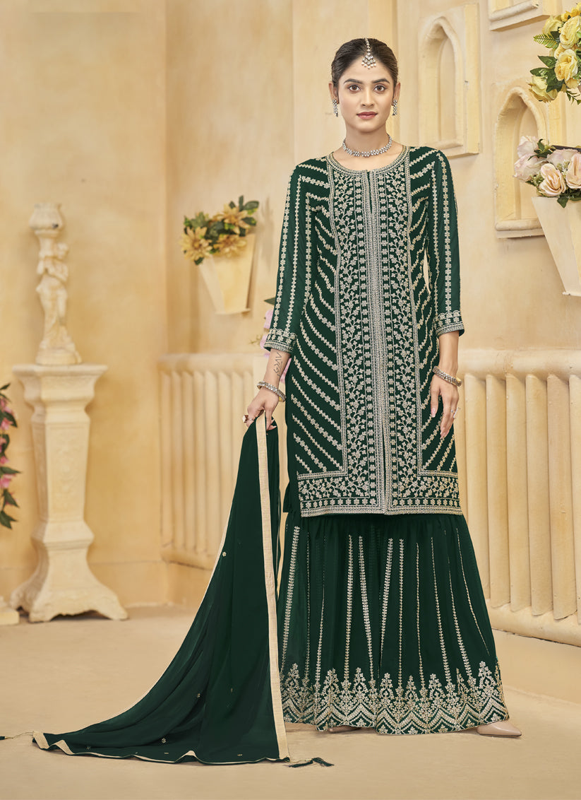 Pine Green Faux Georgette Embroidered Readymade Sarara Kameez