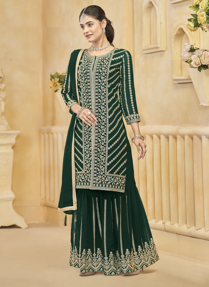 Pine Green Faux Georgette Embroidered Readymade Sarara Kameez