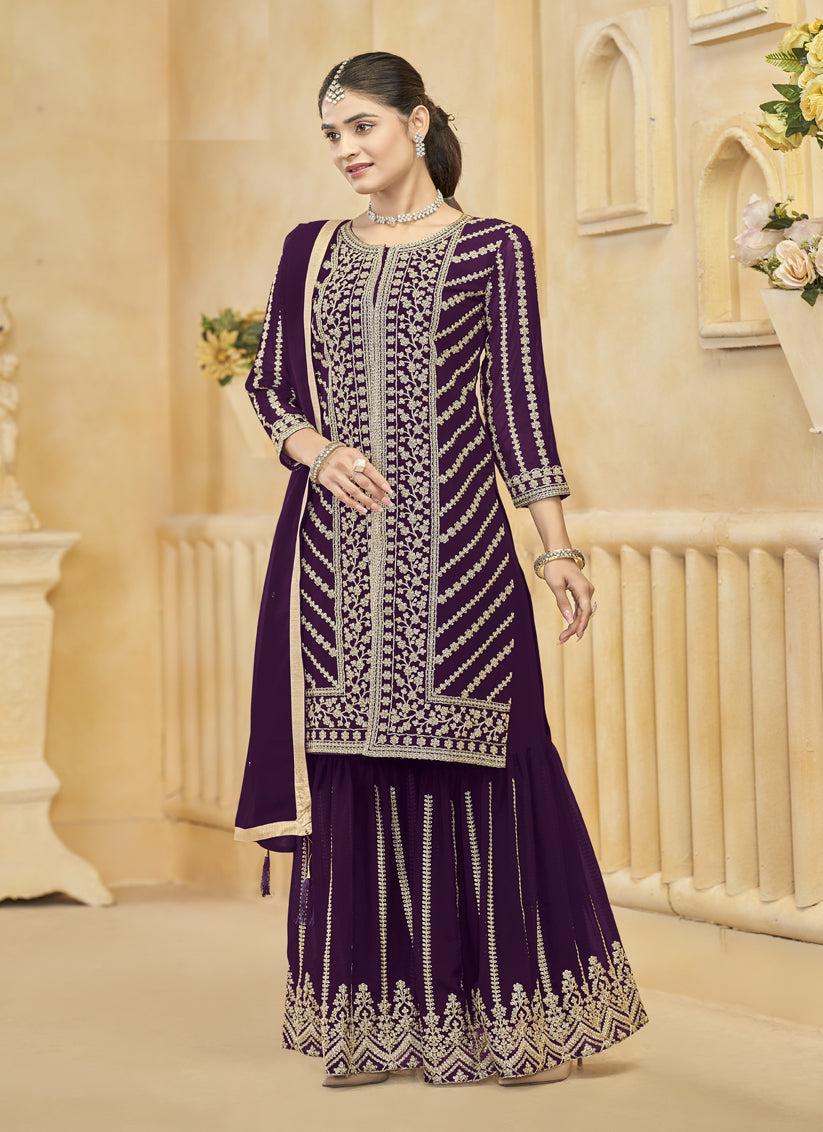 Wine Faux Georgette Embroidered Readymade Sarara Kameez