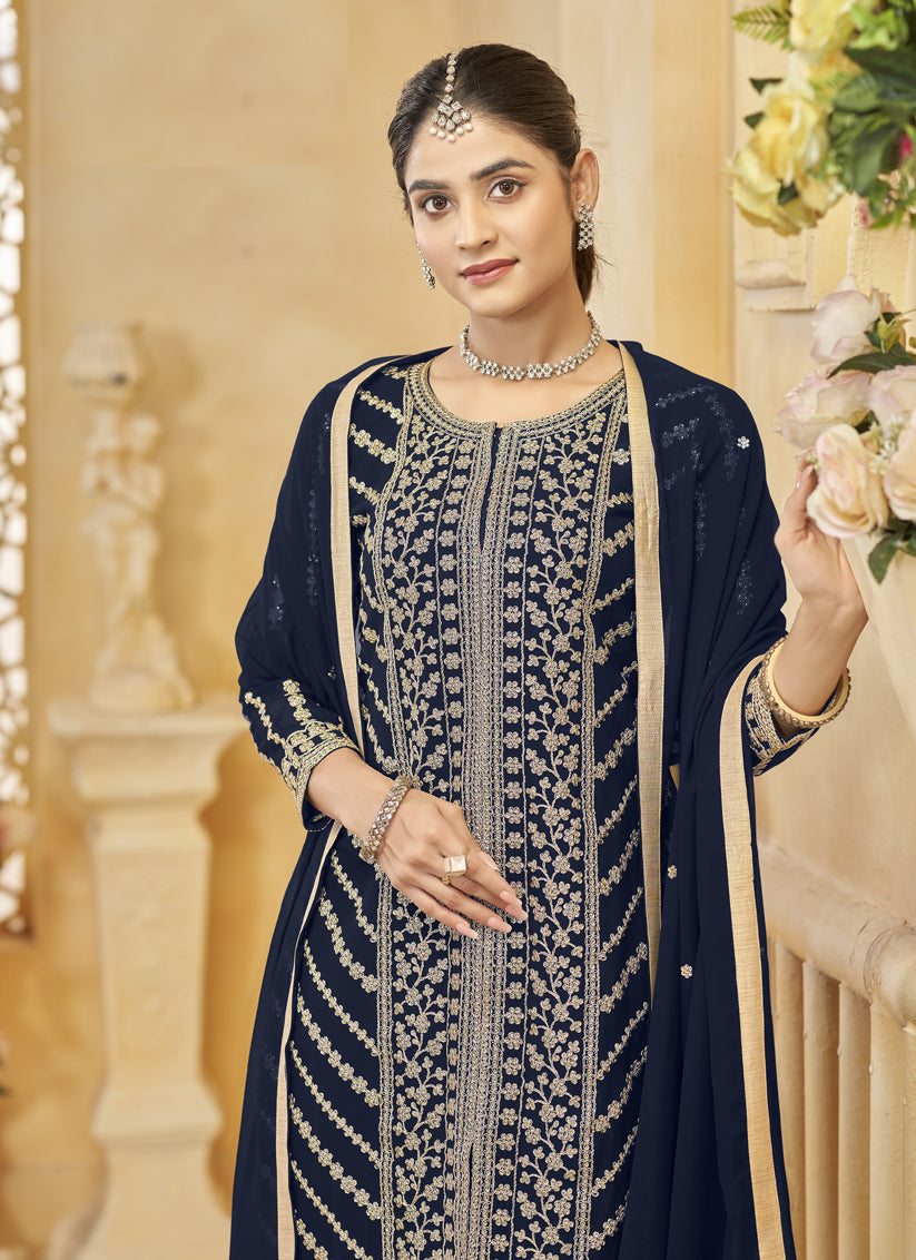 Midnight Blue Faux Georgette Embroidered Readymade Sarara Kameez