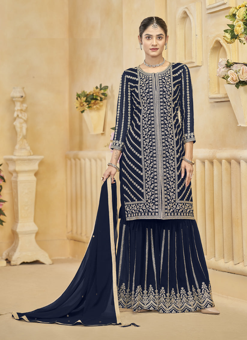 Midnight Blue Faux Georgette Embroidered Readymade Sarara Kameez