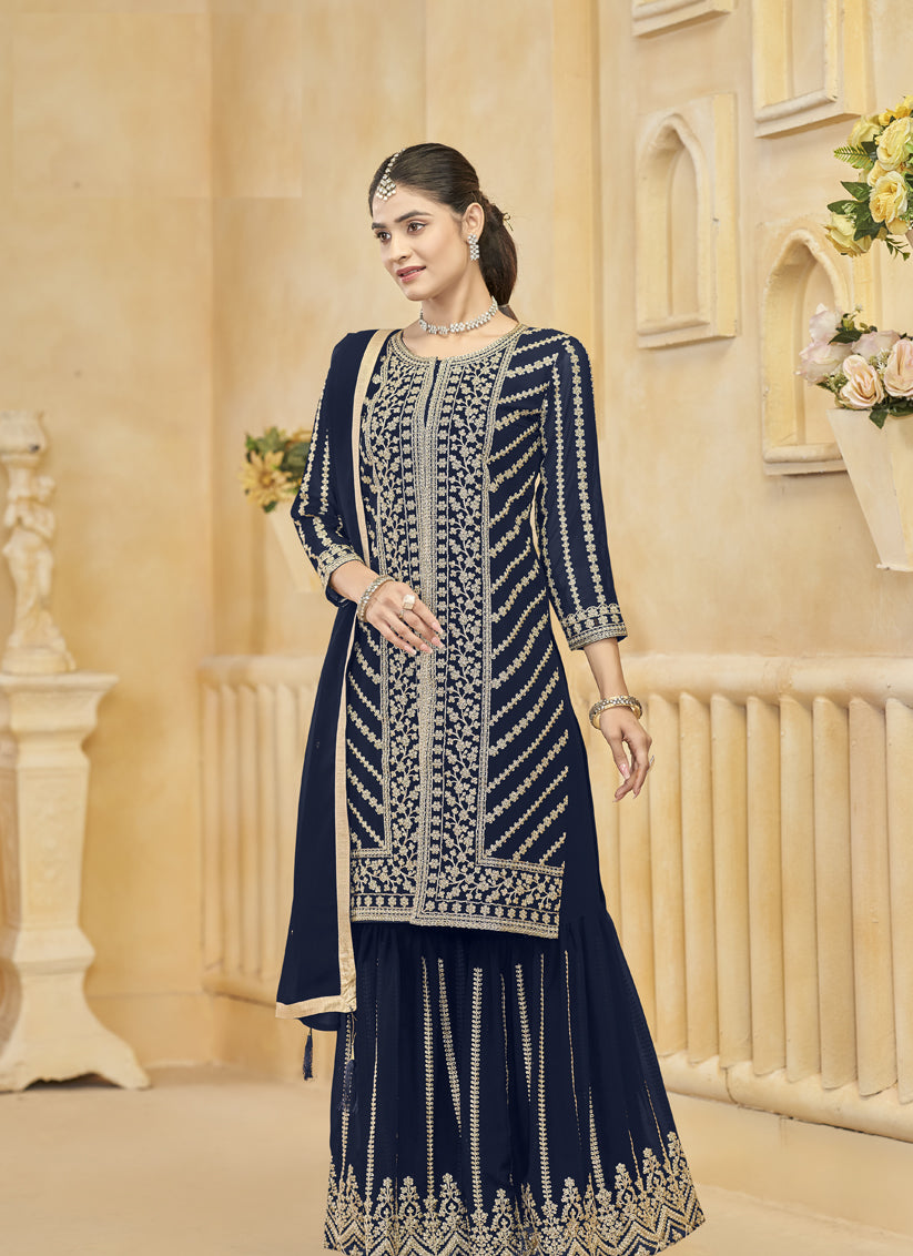 Midnight Blue Faux Georgette Embroidered Readymade Sarara Kameez