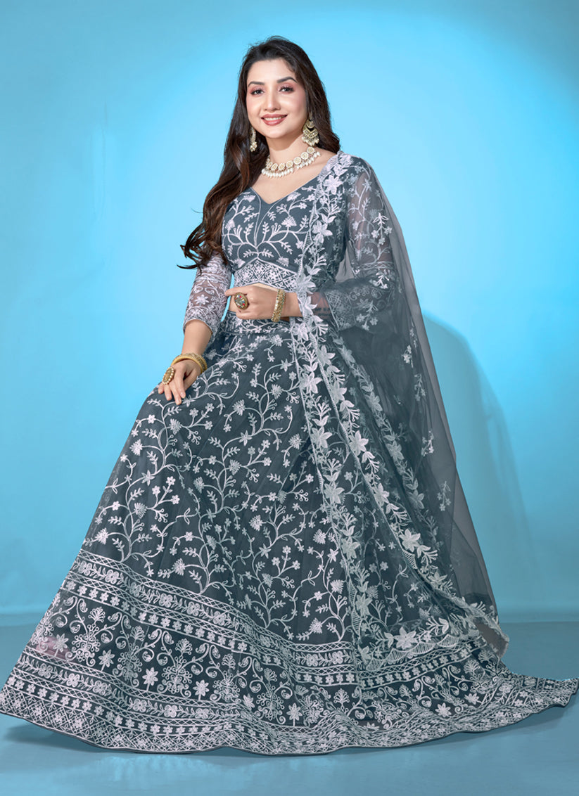 Slate Grey Net Embroidered Festival Lehenga Choli Set