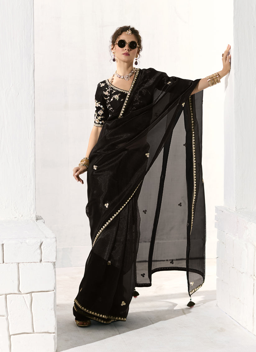 Black Tissue Embroidered Designer Wedding Saree
