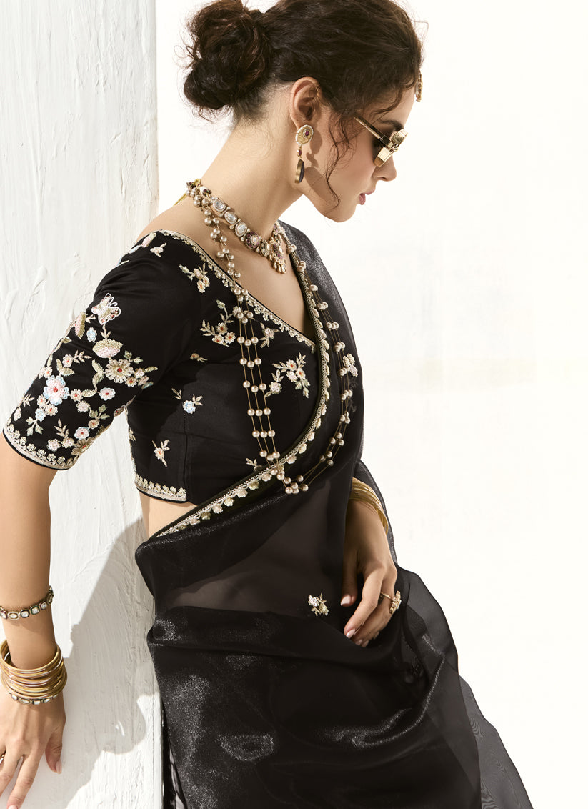 Black Tissue Embroidered Designer Wedding Saree