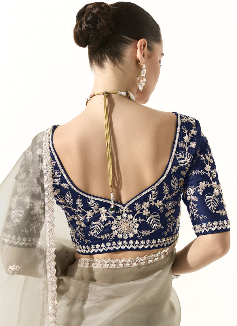 Ash Grey Tissue Embroidered Designer Wedding Saree