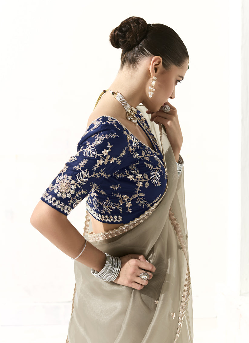 Ash Grey Tissue Embroidered Designer Wedding Saree