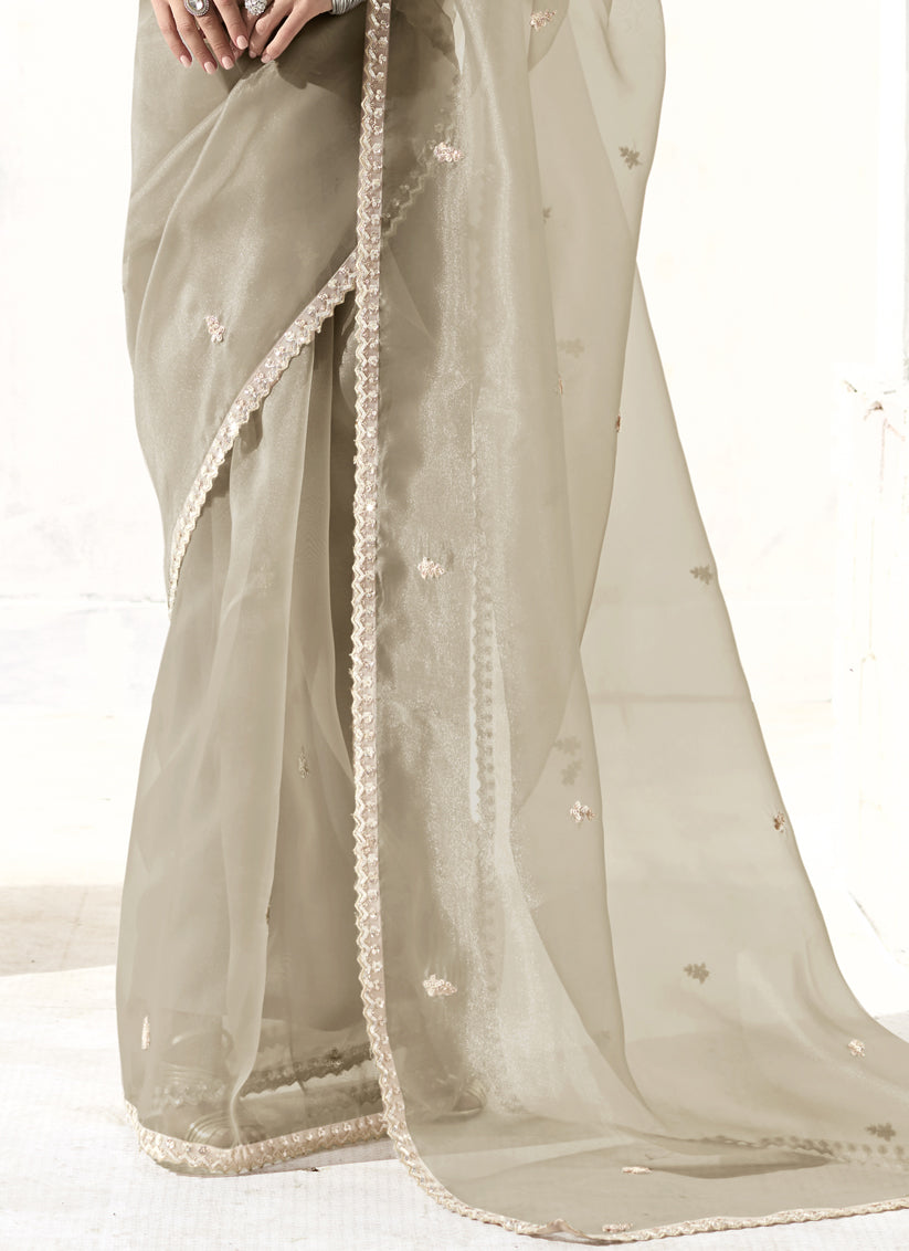Ash Grey Tissue Embroidered Designer Wedding Saree