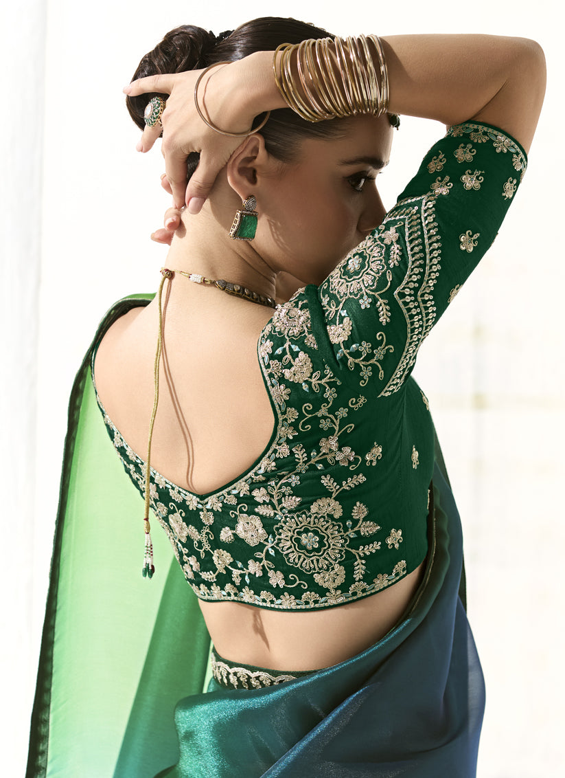 Emerald Green and Peacock Blue Tissue Embroidered Designer Wedding Saree