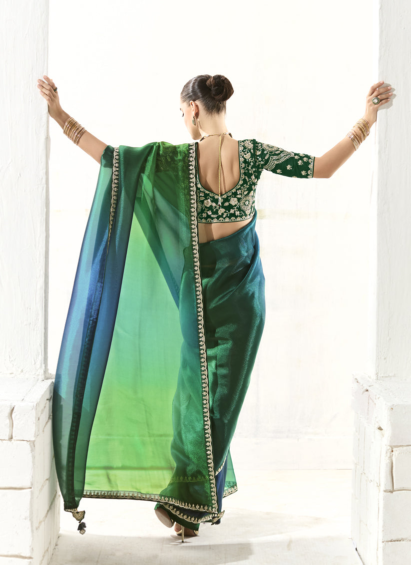 Emerald Green and Peacock Blue Tissue Embroidered Designer Wedding Saree