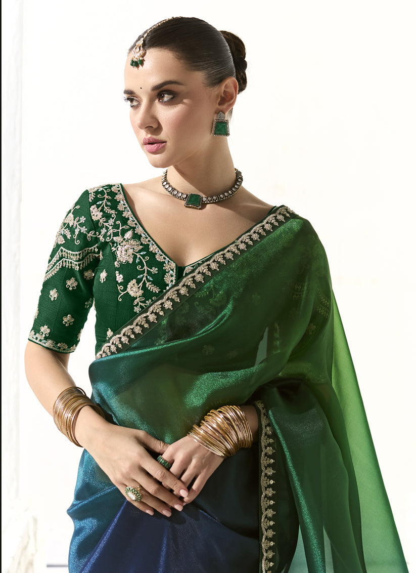 Emerald Green and Peacock Blue Tissue Embroidered Designer Wedding Saree