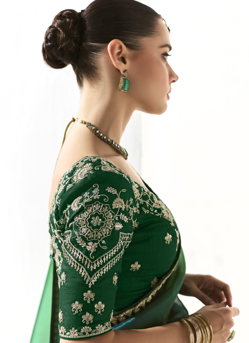 Emerald Green and Peacock Blue Tissue Embroidered Designer Wedding Saree