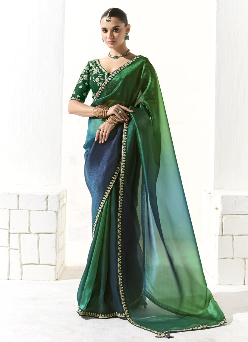 Emerald Green and Peacock Blue Tissue Embroidered Designer Wedding Saree