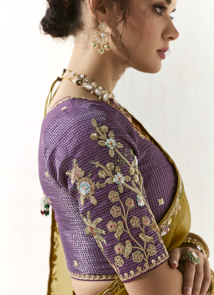 Maize Yellow Tissue Embroidered Designer Wedding Saree