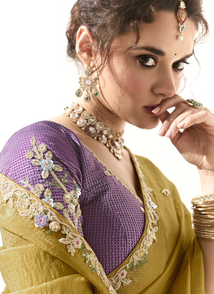 Maize Yellow Tissue Embroidered Designer Wedding Saree