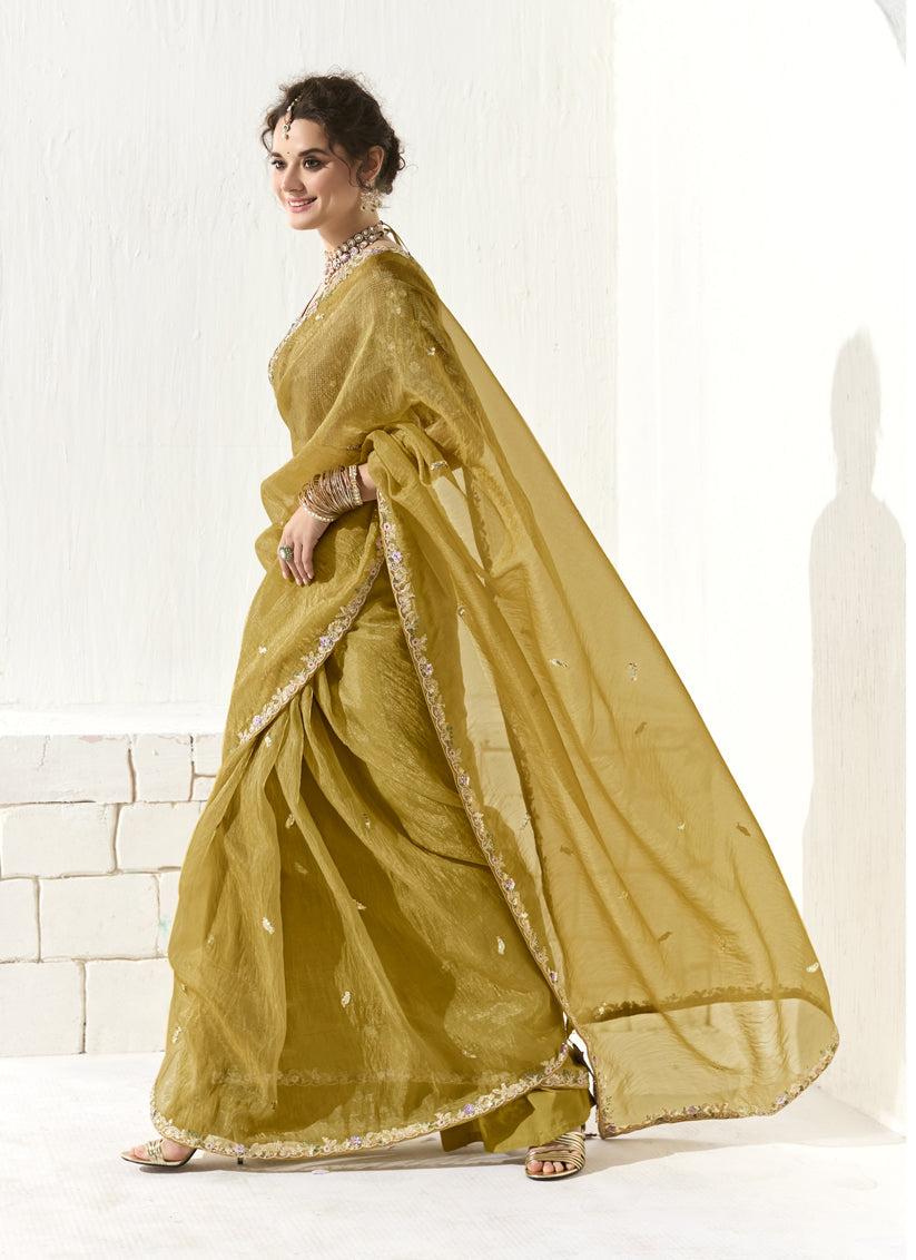 Maize Yellow Tissue Embroidered Designer Wedding Saree