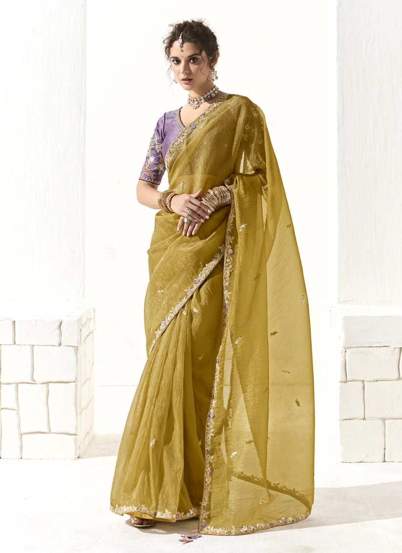 Maize Yellow Tissue Embroidered Designer Wedding Saree