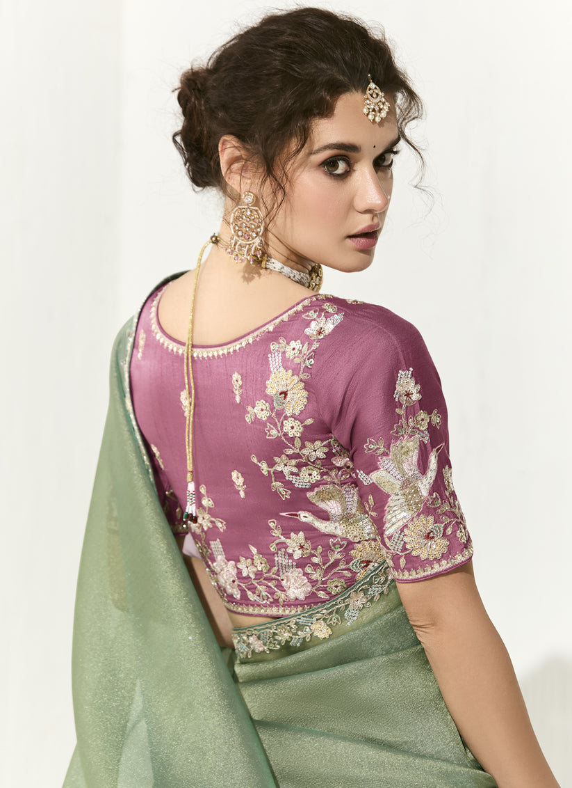 Mint Green Tissue Embroidered Designer Wedding Saree