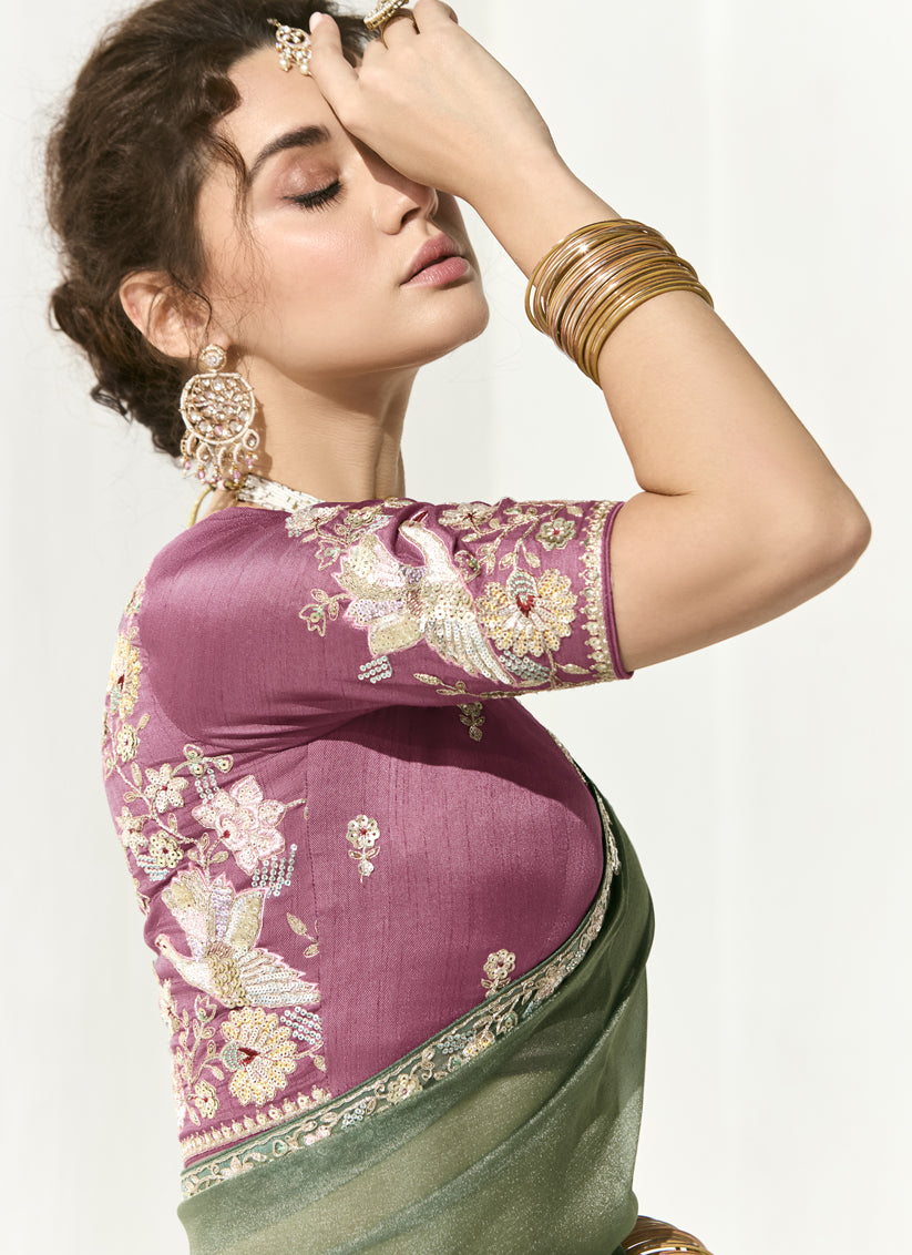 Mint Green Tissue Embroidered Designer Wedding Saree