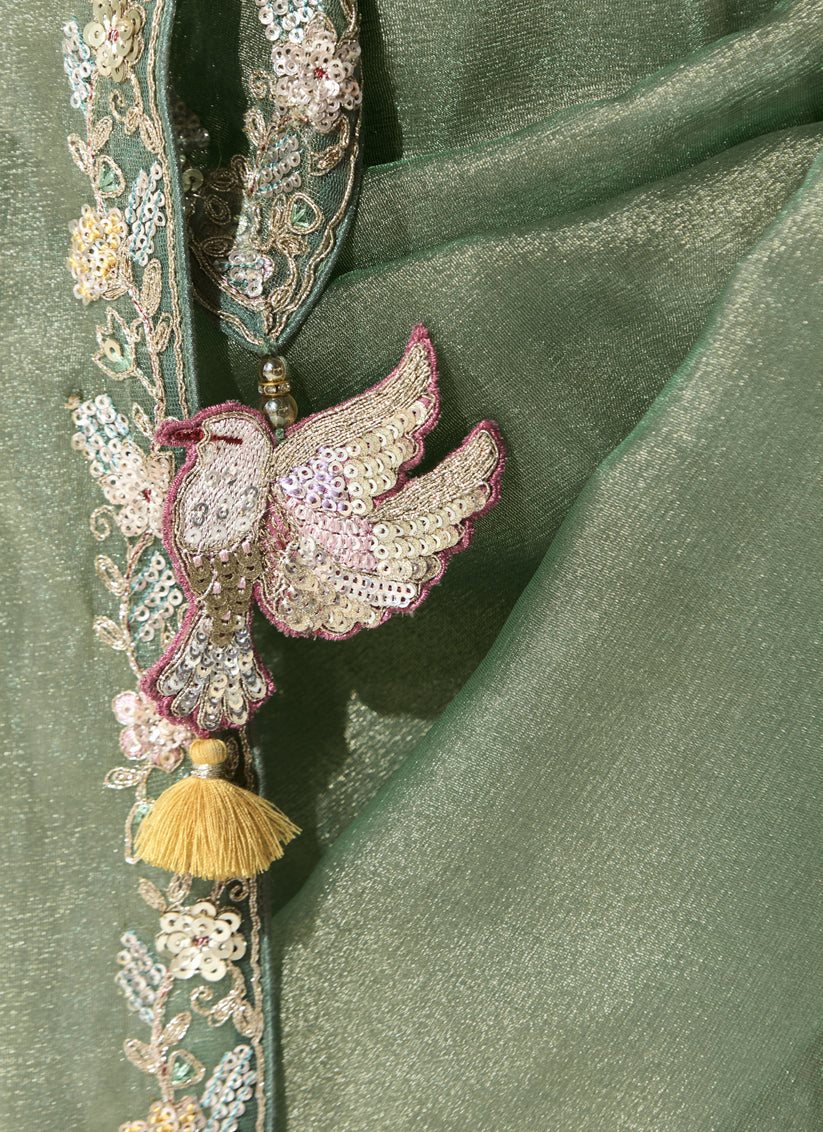 Mint Green Tissue Embroidered Designer Wedding Saree