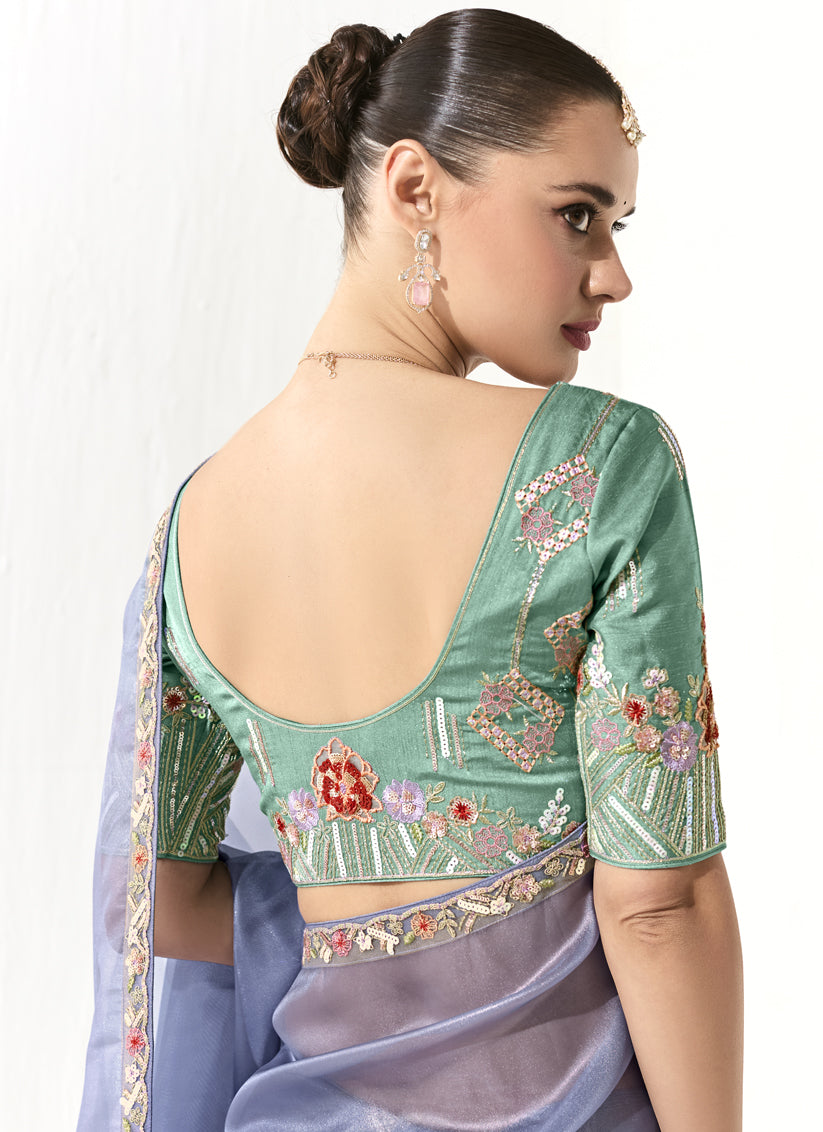 Periwinkle Tissue Embroidered Designer Wedding Saree