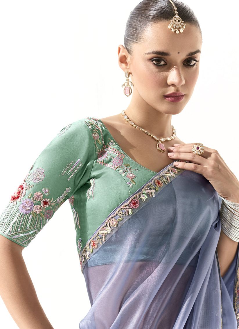Periwinkle Tissue Embroidered Designer Wedding Saree