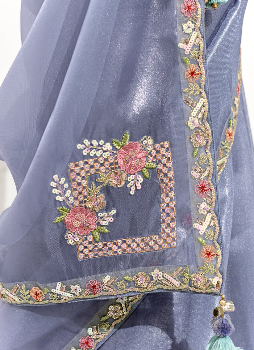 Periwinkle Tissue Embroidered Designer Wedding Saree