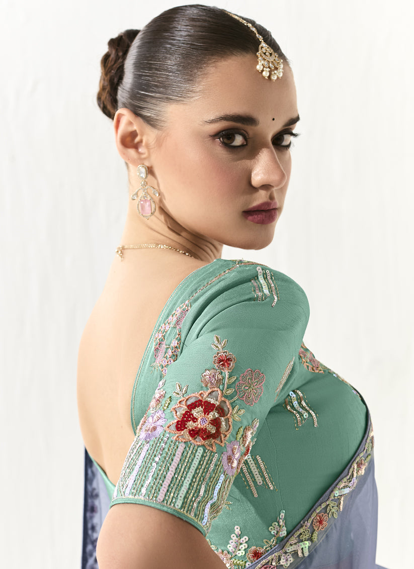 Periwinkle Tissue Embroidered Designer Wedding Saree
