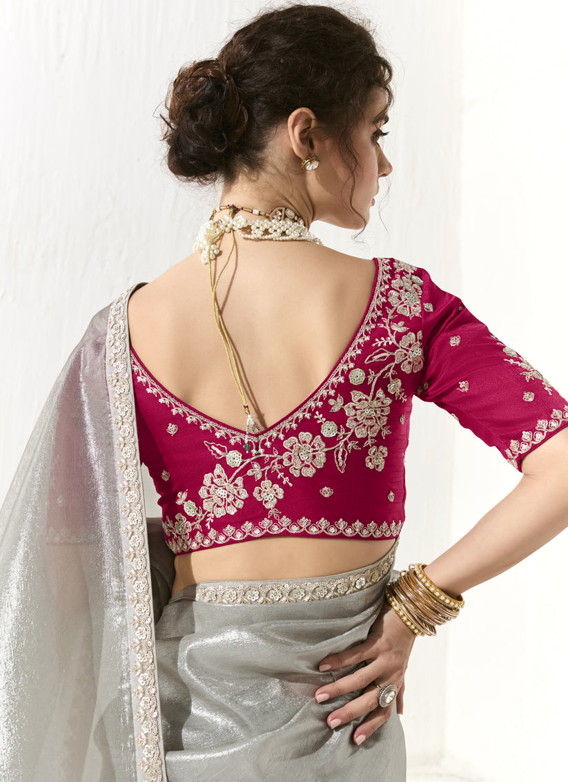 Silver Tissue Embroidered Designer Wedding Saree