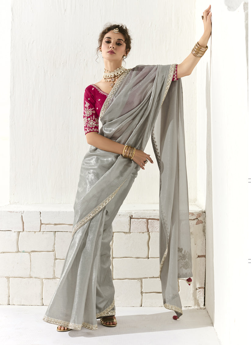 Silver Tissue Embroidered Designer Wedding Saree