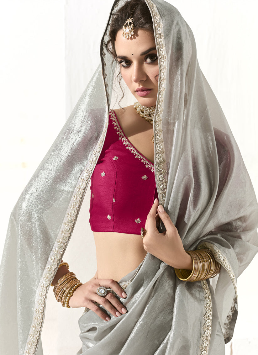 Silver Tissue Embroidered Designer Wedding Saree