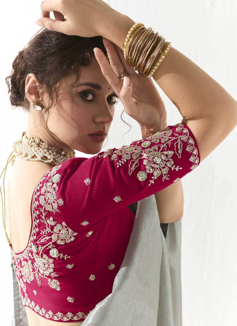 Silver Tissue Embroidered Designer Wedding Saree