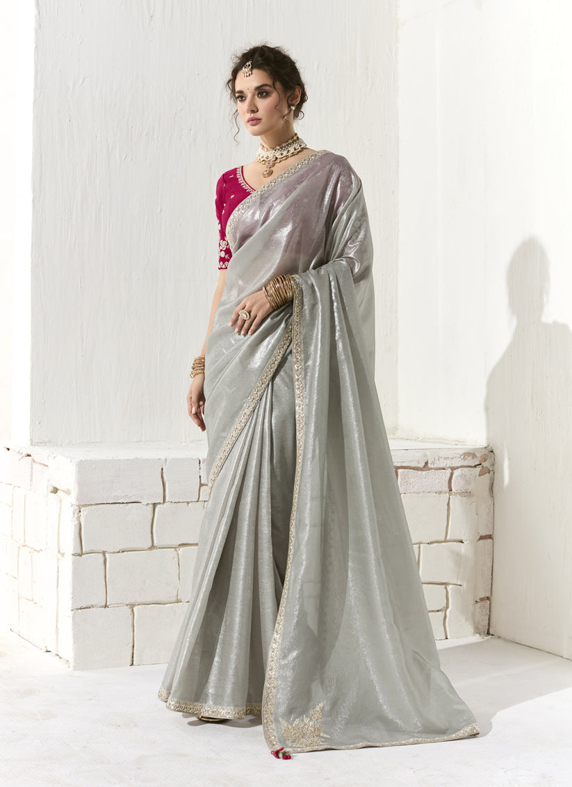 Silver Tissue Embroidered Designer Wedding Saree