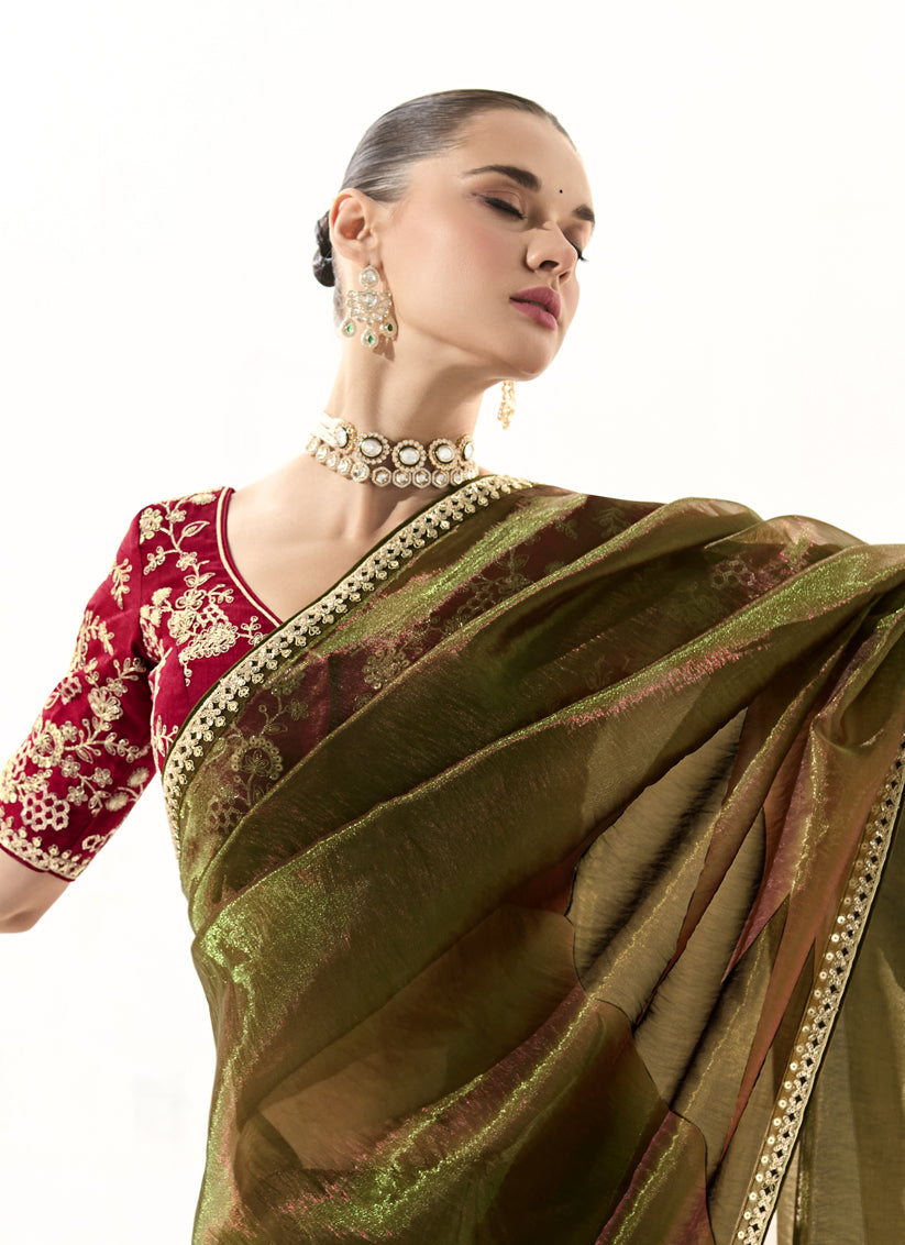 Mehendi Green Tissue Embroidered Designer Wedding Saree