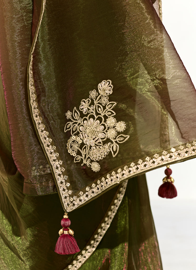Mehendi Green Tissue Embroidered Designer Wedding Saree