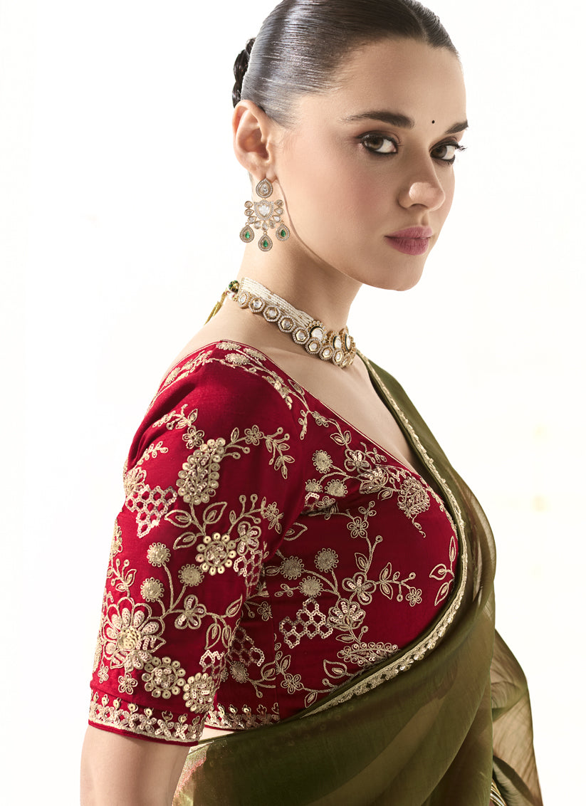 Mehendi Green Tissue Embroidered Designer Wedding Saree
