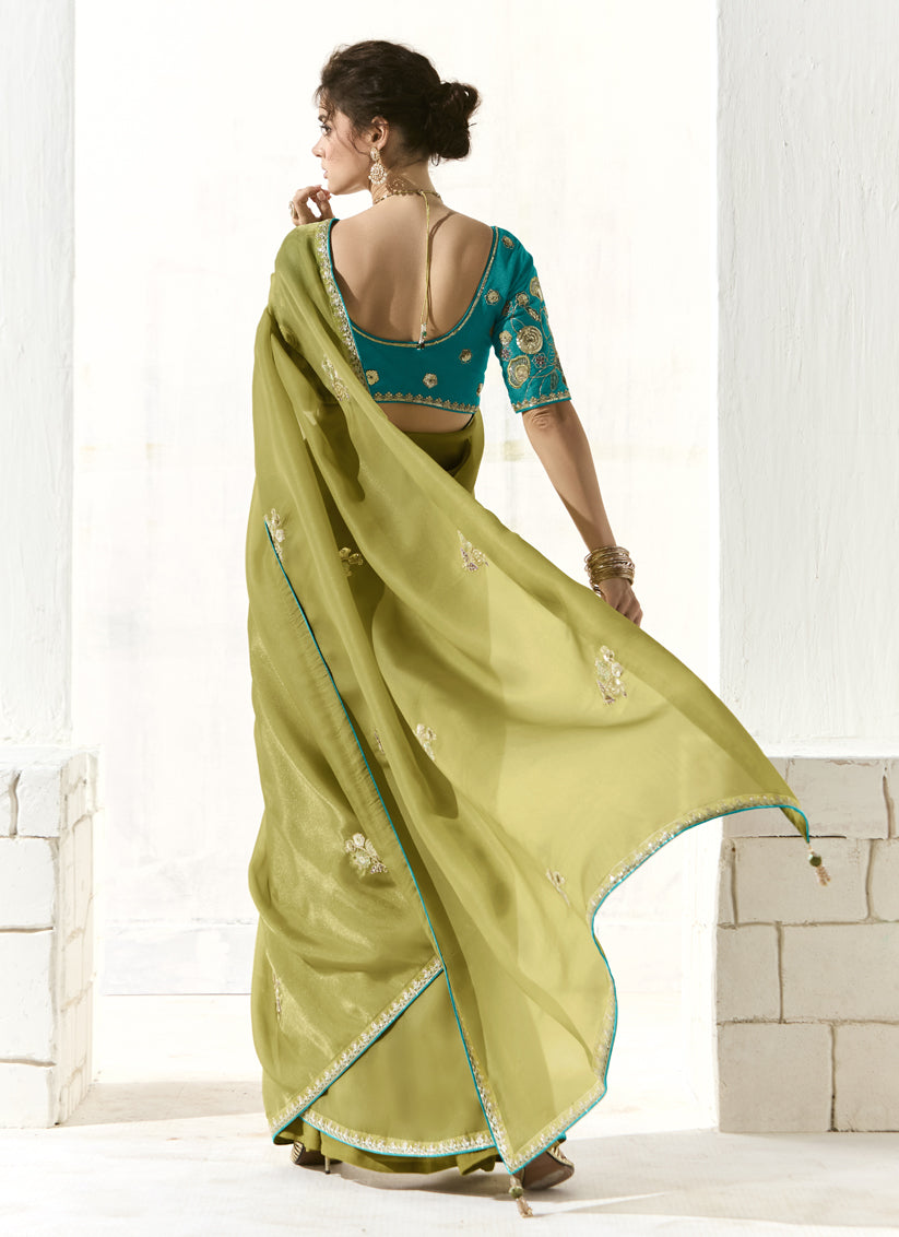 Pistachio Green Tissue Embroidered Designer Wedding Saree