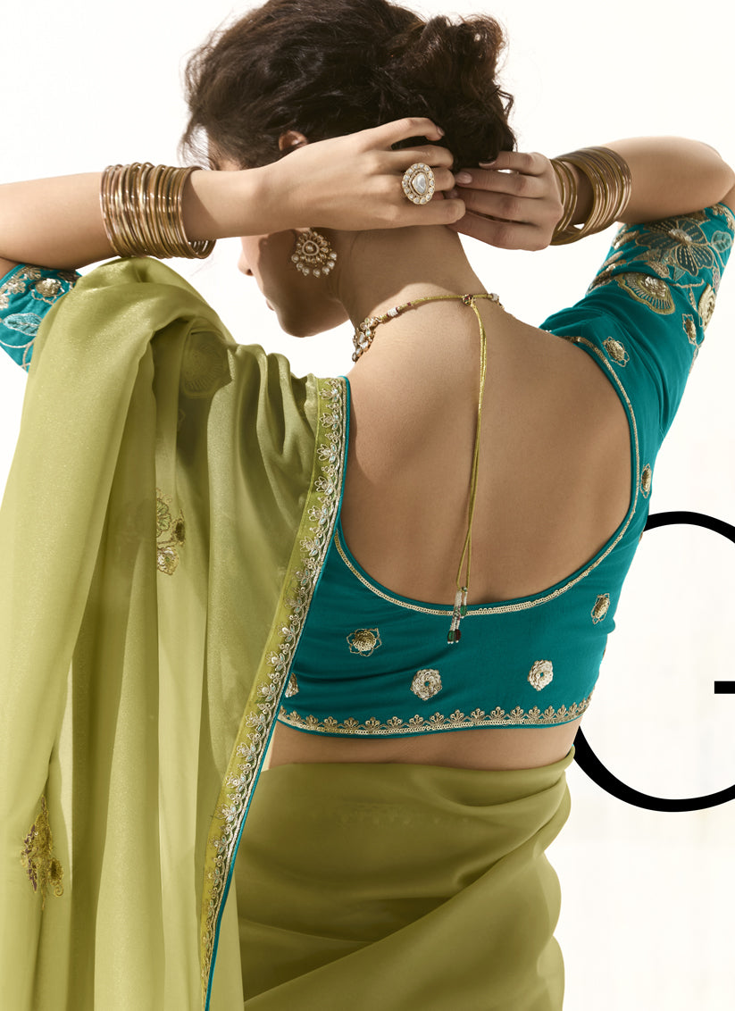 Pistachio Green Tissue Embroidered Designer Wedding Saree