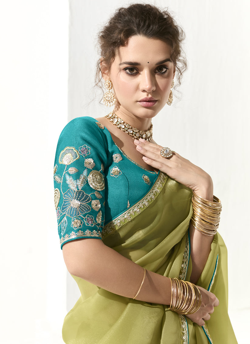 Pistachio Green Tissue Embroidered Designer Wedding Saree