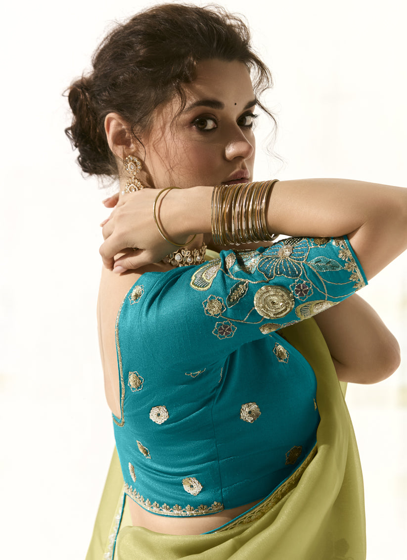 Pistachio Green Tissue Embroidered Designer Wedding Saree
