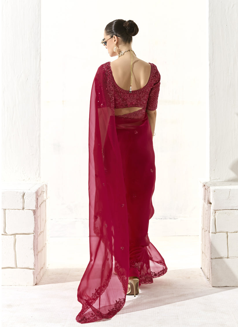 Cherry Red Tissue Embroidered Designer Wedding Saree